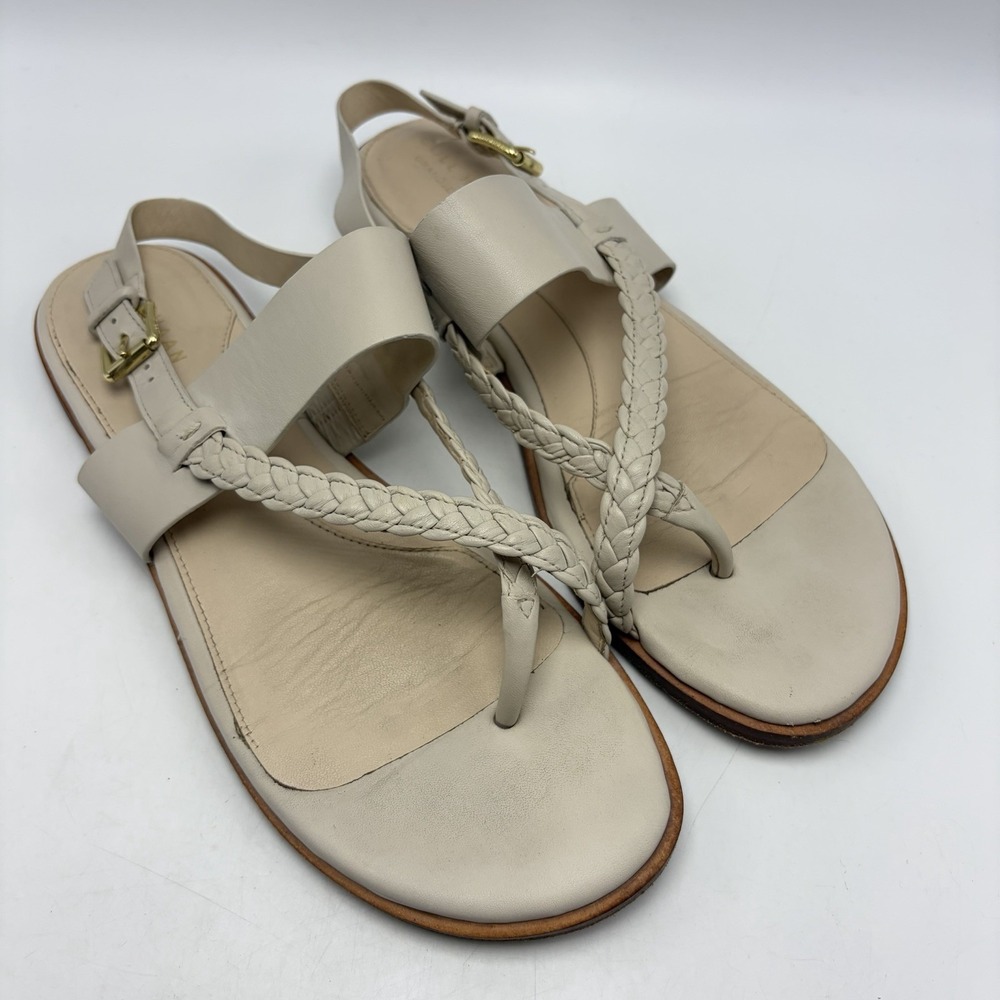 COLE HAAN Sandals Womens 9 B Anica Ivory Leather Ankle Strap Thong Capsule